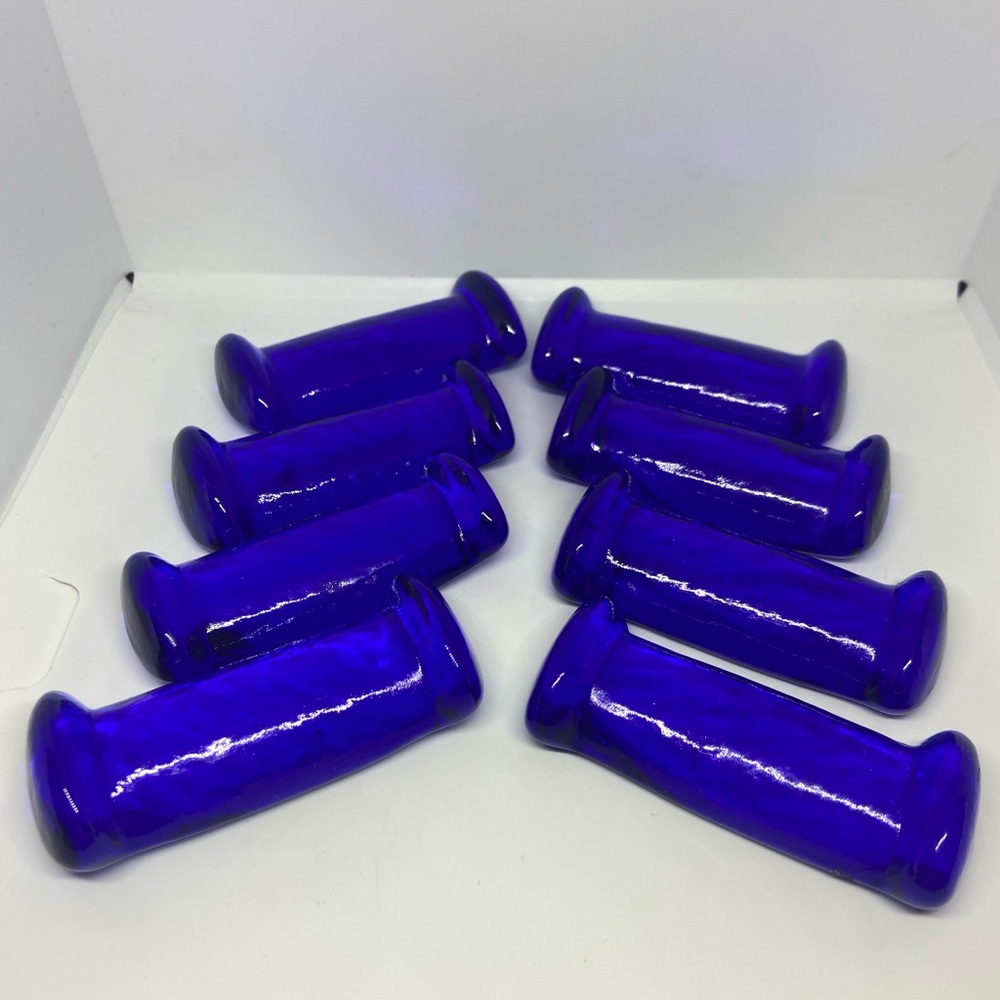 8 Vintage Art Glass Knife Rests Cobalt Blue Pressed Set MCM Mid Century Modern